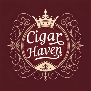 An elegant logo for the Cigar Haven, an exclusive retreat for aficionados. The design is antique and opulent, featuring deep burgundy hues and cursive script. At the center, a majestic crown symbolizes prestige and sophistication.