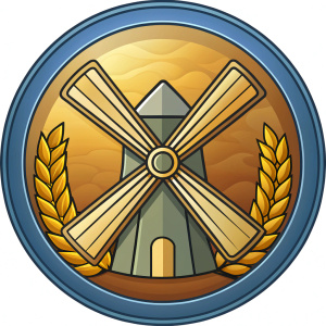 Logo: a windmill with wheat ears around it. Drawn with lines. Without a background. In a minimalistic style