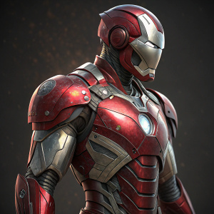 3D digital illustration of Iron Man's armor. Form-fitting design with sleek red and silver details. Dark, neutral background highlights the intricate metallic surface and protective panels of the iconic suit.