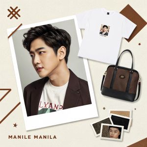 Promotional image for ElyXion's Manila-themed merchandise. Features a portrait of a male model, various product shots including a handbag and t-shirt, alongside smaller photos. Neutral background with brown accents.