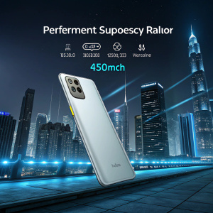 High-tech ad for Realme C30 smartphone. Sleek design with highlighted processor and storage specs. Futuristic cityscape background