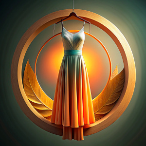 creates women's dress hanging on a wooden hook inside a golden circle