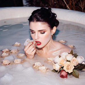 Taylor Swift blackhair quiff, sadness, Light Leaks, crying blood makeup messy, icy waterpool, bite a frozen marshmallow, background icy, photoshoot concept, glass roses garden
