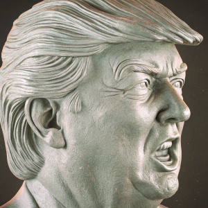 3D render of Donald Trump's bust. Detailed upper face and head. Realistic features, dynamic expression. Against black backdrop.