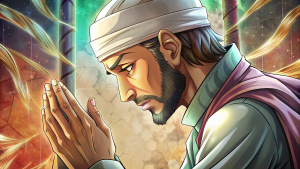 muslim pria sedang berdoa angle kamera close up dari samping anime style