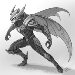 Digital illustration of Odyssey Kha'zix from League of Legends. Dynamic pose, sketch-like style, grays and blacks. Futuristic medaforcer blending technology and creature features.