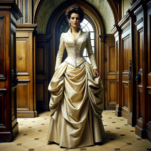 40 yo attractive brunette wearing a period correct Victorian dress in satin with bustle. Extremely narrow waist and massive pushed up bosom spilling out. At entrance hall at Carlton Towers. Full body view