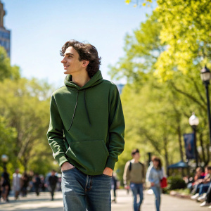 Timothée Chalamet on a casual stroll. Wearing a green hoodie and jeans. In a bustling urban park. Bright sunlight, green trees, and a clear blue sky in the background.