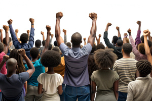 back view of African American people in a crowd fighting and protesting in the street with raised fists against racism and racial discrimination, for change, freedom, justice and equality - Black Lives Matter