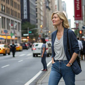 Rosamund Pike, blonde actress, in casual attire. Strolling on a busy New York street.