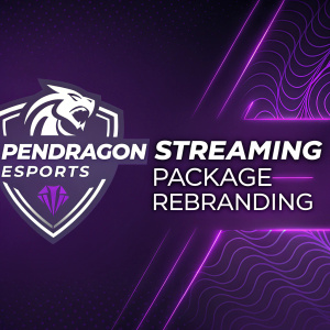 Promotional image for Pendragon Esports. Dark background with neon purple abstract shapes. The logo, featuring a cone and shield, dominates the left. Modern font describes brand's streaming package and rebranding. Vibrant and contemporary design.