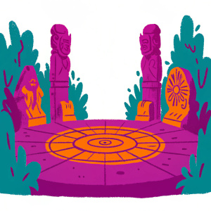Digital art of a fantasy realm from the game Tome Immortal Arena. Detailed illustration featuring intricate stone structures, vibrant greenery, and golden highlights. Statues adorned with elaborate carvings. Central plaza with a circular patterned stone design. Ancient and mystical atmosphere.
