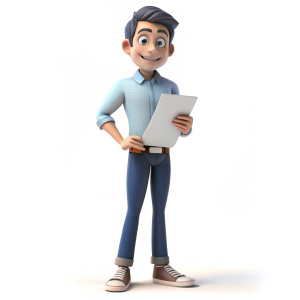 crear imagen tipo pixar, donde este un señor joven con un documento en la mano, full body el fondo debe ser blanco, estilo cartoon