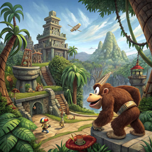 Concept art showcasing Donkey Kong Country Returns. Various levels with unique architecture, props, and characters.