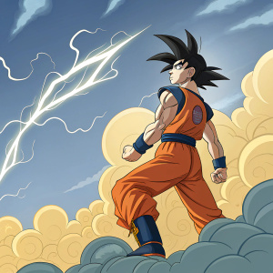 Son Goku, standing in a heroic pose, during a lively action scene from Dragon Ball Z.