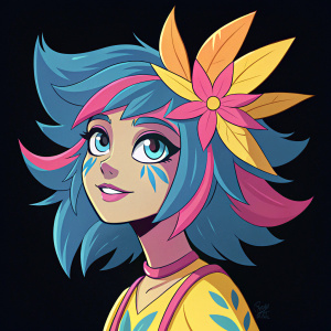 Digital illustration of Neeko, a character from League of Legends. Vibrant color palette of blue, pink, and yellow. Neeko has a youthful appearance with detailed facial features and a unique hairstyle. Plain black background