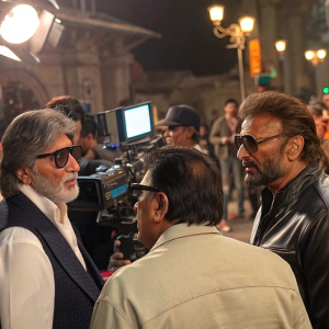 Multi-angle montage featuring Amitabh Bachchan, Jackie Shroff, and Suniel Shetty during a bustling film set scene.