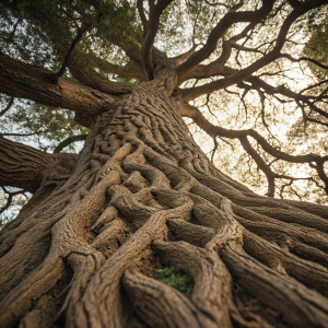 High-definition macro shot of an ancient tree's trunk. Complex network of lines and grooves create an intricate abstract pattern. Rough, rugged texture.