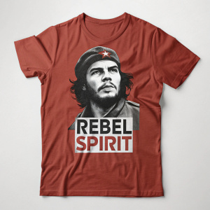 A close-up of a graphic t-shirt featuring Che Guevara's iconic image in black and white. The shirt is red with a slogan 'REBEL SPIRIT' underneath the portrait.