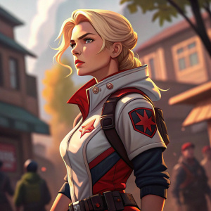 Illustration of Jett Emin Emre Kayış from Valorant. Focused look, blonde hair, determined stance. Blurred background
