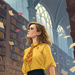 Hermione Granger, wearing a bright yellow blouse with a quirky necktie, stands in a bustling magical library. She has a serious, determined look on her face. The background is filled with towering bookshelves and floating books.