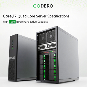 Homepage for Codero's dedicated server hosting service. Features Core i7 Quad Core server specifications. High RAM, large hard drive capacity. Sleek, modern design.