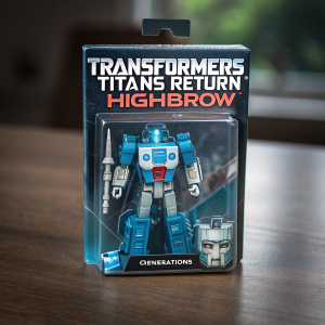 Photograph of Transformers Titans Return Highbrow sealed package. Clear window revealing blue and grey futuristic robot design. Brand name Transformers Generations prominently displayed on packaging.