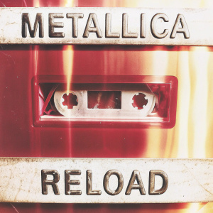 Metallica's Reload album cover. Fiery orange background with the band's name in bold metallic font at the top. Album title and release date clearly displayed. Classic rock style from the late 1990s.