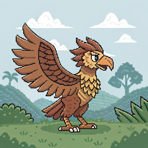 A character inspired by Dungeons & Dragons, a blocky aarakocra with brown feathers, spread wings in a digital pixel art scene.