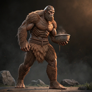 A digital 3D model of a colossal creature from Attack on Titan. Muscular build, rough brown skin. Standing in a dramatic pose, holding a bowl. Dark, ominous background.
