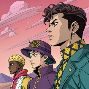 Comic book panel from JoJo's Bizarre Adventure: Diamond is Unbreakable. Diverse cast in vibrant hues, against an abstract landscape backdrop.