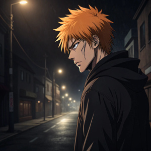 Ichigo Kurosaki, protagonist from anime Bleach, intense look. Dark street, surrounded by ominous shadows.