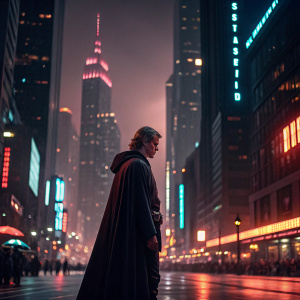 Anakin Skywalker standing on the bustling streets of Coruscant. Dressed in his iconic dark robes, with vibrant city lights in the background.