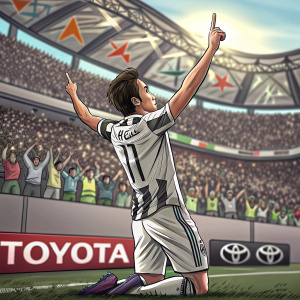 Paulo Dybala in celebration, arms raised high, in front of packed stadium stands. Dynamic pose with blurred audience and vibrant advertising boards. Outdoor soccer field, Toyota logo visible.