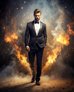 effect, photoshop action, realistic with human body in tuxedo, fire, sparks, dust, explosion, smoke, sand, shadows, glow, glow, glare, light, slim, in style: serious, business, wise, quality xd,  