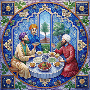 ottoman miniature  art  food carpet stained glass gay lover eating