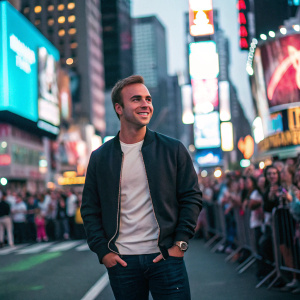 Mario Götze, soccer star, posing for a candid shot in a bustling urban street. Wearing casual attire, smiling confidently amidst a crowd of fans and neon-lit billboards.