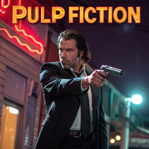 A movie poster for 'Pulp Fiction'. John Travolta, dressed in black suit, holding a gun. Neon lights in background