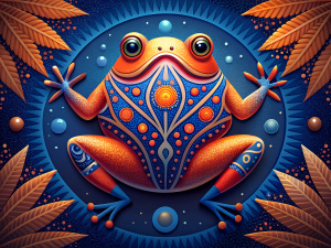 Design a pattern with colorful frogs in AUSTRALIAN ETHNIC style