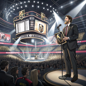 James Neal receiving an award at the NHL event. T-Mobile Arena filled with enthusiastic fans, bright lights illuminate the stage. Large screen displays detailed stats.