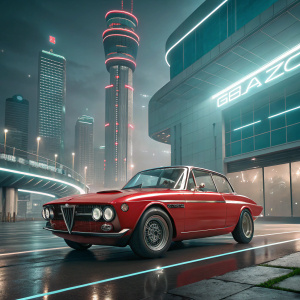 3D rendering of classic Alfa Romeo Giulia GTA. Sleek design, bright red paint job, futuristic setting.