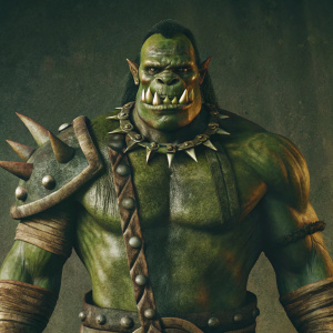 A detailed 3D model of an orc warrior. Muscular physique, green skin, fierce expression. Textured, rough skin with prominent muscle definition and ornate accessories.