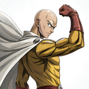 Illustration of a muscular hero from One Punch Man manga, flexing arm. Detailed lines and shading highlight the character's face and body. Simple white background