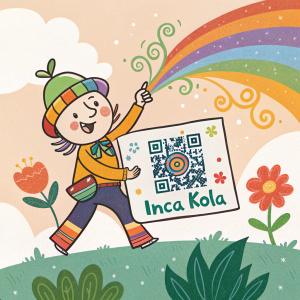 Cheerful character illustration. Colorful hat, playful stance, advertising Inca Kola in Spanish with QR code. Green grass, flowers, swirling shapes, mixed colors background.