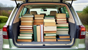 pile of books in the car trunk 