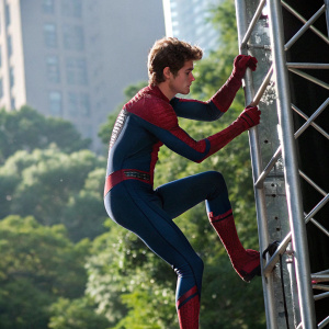 Andrew Garfield as Spider-Man scaling a metallic scaffolding under a spotlight. Lush greenery and towering trees in the background.