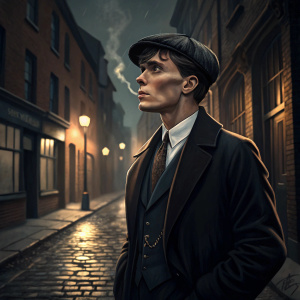 Cillian Murphy as Thomas Shelby in a gritty street scene. The iconic Peaky Blinders actor, donning a classic black suit, under dim streetlights, with a thoughtful expression.