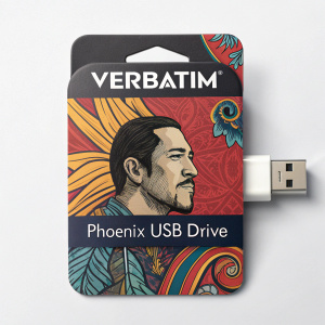 Product packaging for Phoenix USB Drive by Verbatim. Features dynamic design inspired by Chris Nunez's artwork. A picture of a Hispanic man with a strong jawline and confident expression. Includes brand and product details.