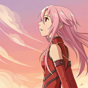 Inori Yuzuriha from Guilty Crown. Digital art. She has long pink hair and wears a fitted red outfit with brown accents. Background is a soft gradient from orange to pink.