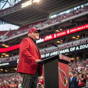 Bruce Arians, wearing a Cardinals-themed cap and red jacket, standing confidently on a podium. Behind him is a lively stadium crowd with banners and advertisements.